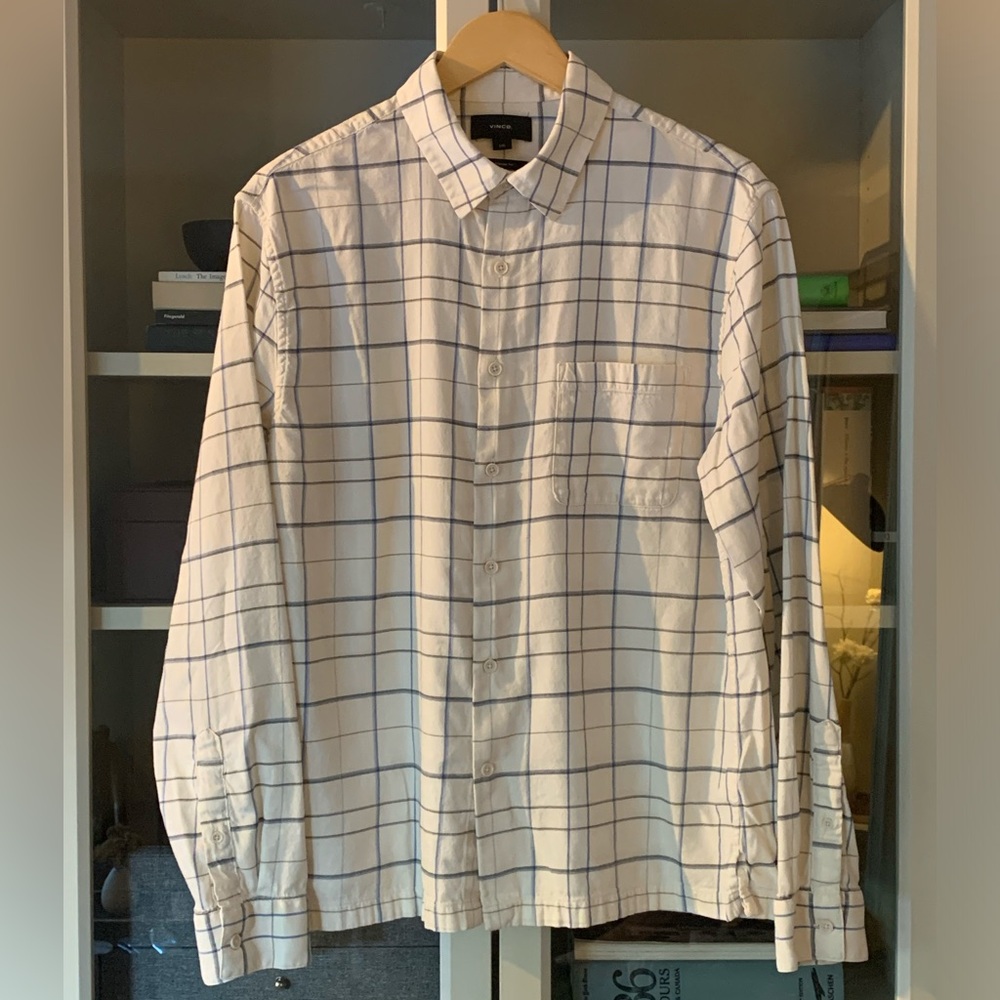Men’s, Vince L-Sleeve Checked Button-Up, White. Size L